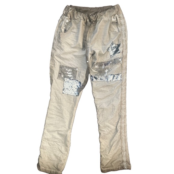 Scandal Italy Pants - NWT SCANDAL Made in Italy Sequin Star Patchwork Jogger Pants Washed Khaki Size 8
